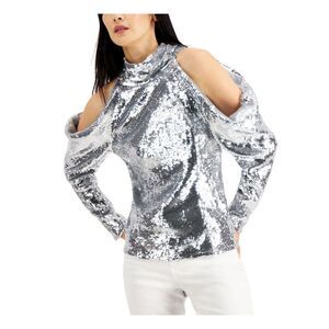 INC Womens Silver Long Sleeve Tie Neck Party Top Size: XS